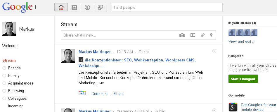 Google Plus im Test - Google+ Pinwand - Statusmeldungen, Links und Bilder