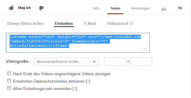 Embed Code eines Youtube Videos holen